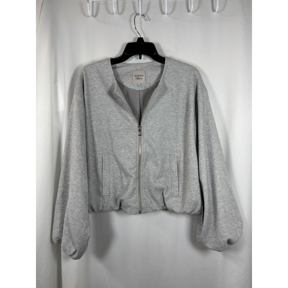Autres Filles Womens Heather Grey Cropped Balloon Sleeve Bomber Jacket Large NEW